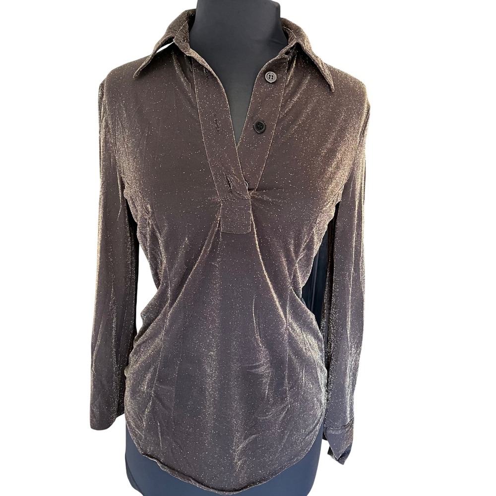 Max & Co Chemises Brown Gold Shimmer Metallic Long Sleeve Polo Top Size 42